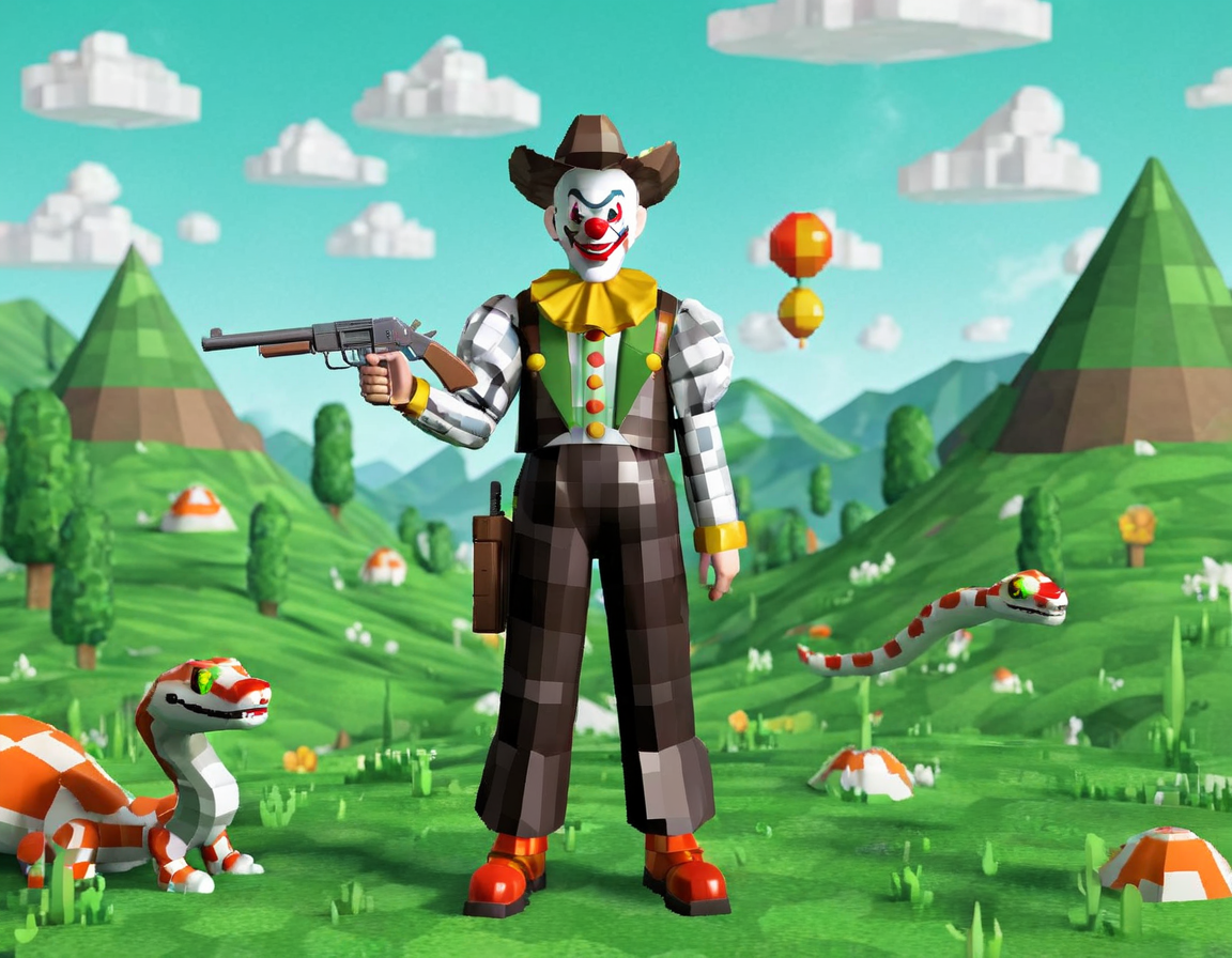 90sgum, clown (cowboy with snake head with a gun) character old retro game 3d, polygonal, pixelated, lo-fi, green hills backdrop, shapes and patterns, professional photosession for magazine  <lora:90sgum_v0.0.2-cap-e30:0.8>