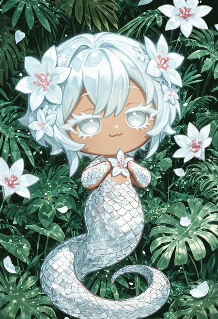 masterpiece,best quality,amazing quality,
colored eyelashes,white eyelashes,:3,hair flower,
1girl,serpentine body,humanoid upper torso,delicate,flower-like patterns on their scales,gentle pose,solo,full body,lush,tropical background,(naga theme:1.1),(floral theme:1.1),holding a beautiful,exotic flower in their hand,surrounded by an aura of calm and serenity,with a few petals or leaves scattered around them,and a soft,soothing glow emanating from the flower as they gaze at it with a sense of wonder and appreciation,
crk1styl111,<lora:lycoris:1>,(chibi:1.4),