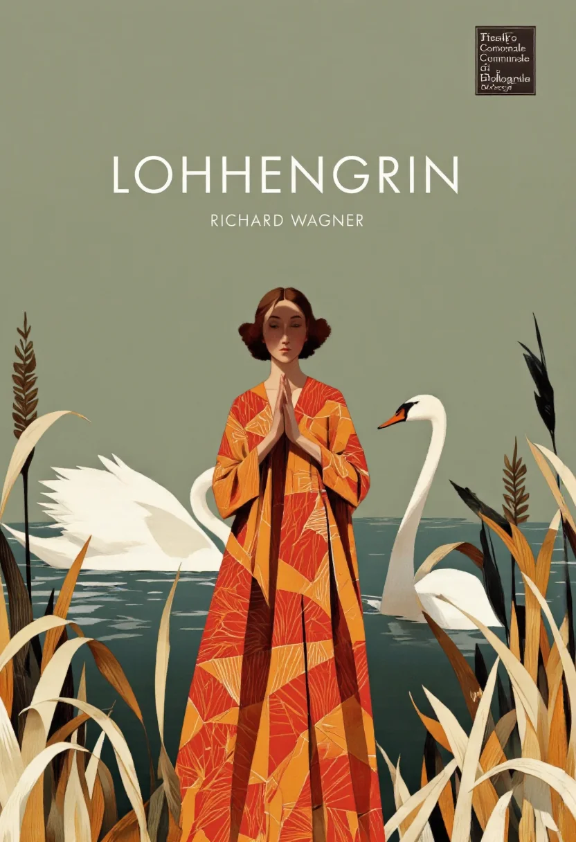 Cinematic photo. A minimalistic illustration of a serene scene featuring a woman and a swan, with the text "Lohhengrin" by richard wagner in the center. the woman, who appears to be in her mid-twenties, is standing in the middle of the image, wearing a long, flowing red and orange dress with a geometric pattern, and her face is partially obscured by the reeds. she has a calm, serene expression, with her hands clasped together in front of her. behind her, a white swan is swimming gracefully in the water, its long neck curved upwards. the background is a muted green color, and the overall style is reminiscent of modern art, with bold lines and bright colors that create a sense of depth and movement. the overall effect is one of tranquility and serenity, inviting the viewer to take a moment to appreciate the beauty of the scene. on the top right corner, the teatro comunale di bologna logo is visible, adding a touch of professionalism to the image.