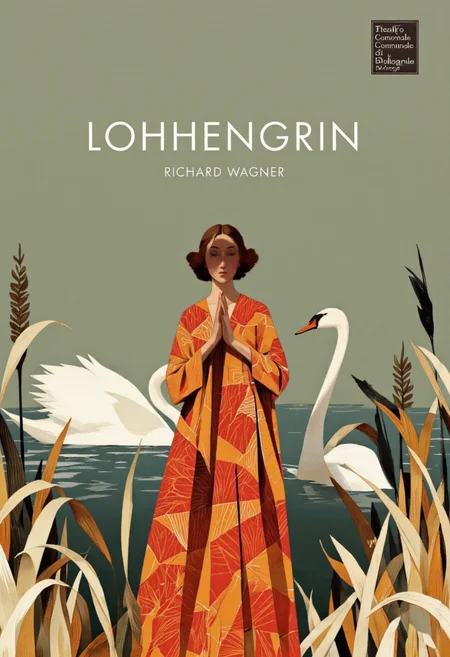 Cinematic photo. A minimalistic illustration of a serene scene featuring a woman and a swan, with the text "Lohhengrin" by richard wagner in the center. the woman, who appears to be in her mid-twenties, is standing in the middle of the image, wearing a long, flowing red and orange dress with a geometric pattern, and her face is partially obscured by the reeds. she has a calm, serene expression, with her hands clasped together in front of her. behind her, a white swan is swimming gracefully in the water, its long neck curved upwards. the background is a muted green color, and the overall style is reminiscent of modern art, with bold lines and bright colors that create a sense of depth and movement. the overall effect is one of tranquility and serenity, inviting the viewer to take a moment to appreciate the beauty of the scene. on the top right corner, the teatro comunale di bologna logo is visible, adding a touch of professionalism to the image.