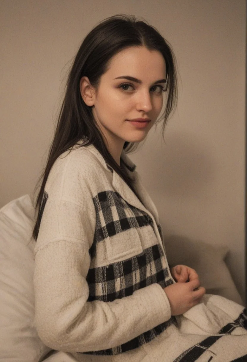 30yo woman wearing Plaid Polar Fleece Shacket with white textures 
long black dark hair slick back and smooth. Kissface. 
smile. Looking at camera. POV.
happy. 
Living room. Fully furnished.
Night time.
Portrait.