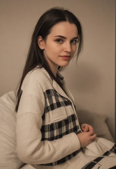 30yo woman wearing Plaid Polar Fleece Shacket with white textures
long black dark hair slick back and smooth. Kissface.
smile. Looking at camera. POV.
happy.
Living room. Fully furnished.
Night time.
Portrait.