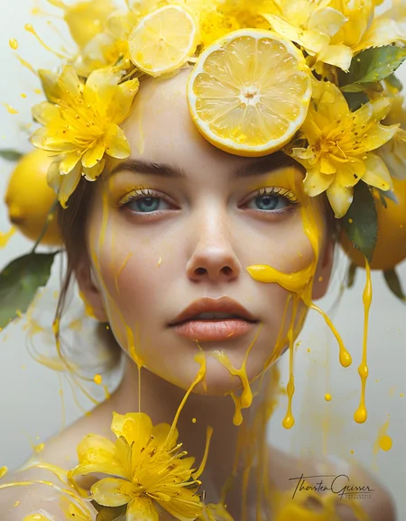 glamorous photo Art by florist Mandy Disher, digital illustration, portrait of a beautiful lady, perfect anatomy, centered, yellow lemon theme, multiple shades of yellow, burst of lemon zest and juice, close to perfection, dynamic, very detailed, watercolor, ArtStation, concept art, blur, sharp focus, illustration, Carne Griffiths, Wadim Kashin. . high fashion, luxurious, extravagant, stylish, sensual, opulent, elegance, stunning beauty, professional, high contrast, detailed  <lora:MJ52.safetensors:0.60>  <lora:Model\Anna_024.safetensors:0.70>