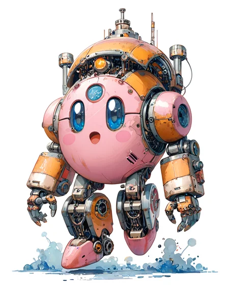 score_9, score_8_up, score_7_up, score_6_up, solo, (Kirby as a robot:1.2), (cute:1.1), reelmech, mechanical parts, machinery, joints, action pose, SoftWaterColor, thick lineart, full body view, sfw, detailed, masterpiece<lora:Reelmech_pony_ed_v1_3:0.4> <lora:SoftWatercolors:0.7> <lora:KirbyJP:1>