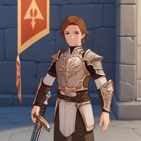 score_9, score_8_up, score_7_up, G3NSHIN, looking at viewer, short hair, blue eyes, brown hair, 1boy, closed mouth, standing, weapon, male focus, cowboy shot, belt, pants, sword, armor, shoulder armor, sheath, pauldrons, sheathed, breastplate, european architecture, stone wall, banner