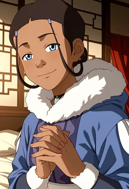 score_9, score_8_up, score_7_up, realistic, realism, HD, perfect quality, 16k, very detailed, realistic lighting, detailed face, BREAK, (((good_hands))), (((perfect eyes, bedroom eyes, (light smile:0.5)))), BREAK, solo, 1girl, (((Katara-BookWater, blue eyes, short hair, brown hair, hair ornament, dark skin, dark-skinned female))), eye_focus, ((medium breasts, big ass)), (bedroom eyes), looking at viewer, nervous, seductive, sensual, medium body size, slightly small neck, plumb body, voluptuous hips and thighs, curvy body size, microwaist, (feminine body, soft body:1.5), BREAK, dark skin, blue eyes, smile, hair ornament, brown hair, upper body, 1girl, dark-skinned female, closed mouth, male focus, hairclip, short hair, dark-skinned male, 1boy, black hair, fur trim