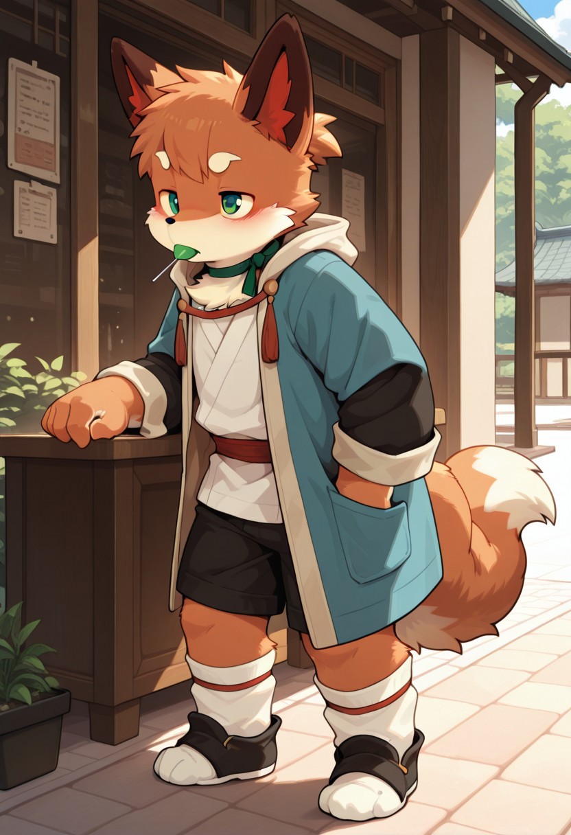 1boy, furry male, solo, anthro, kemono, digitigrade, body fur, rating_sensitive, solo_focus, masterpiece, best quality, highres, very aesthetic, absurdres, newest, chibi, 
Taiqing, fox, anthro, solo, male, short stack, green eyes, (((lollipop in mouth))), coat and white shirt, black shorts, green neck ribbon, shoes, white socks