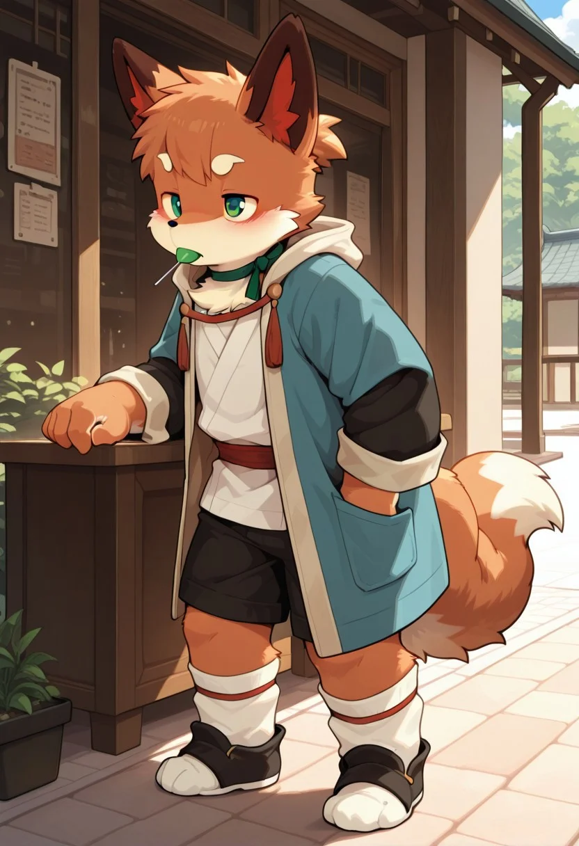 1boy, furry male, solo, anthro, kemono, digitigrade, body fur, rating_sensitive, solo_focus, masterpiece, best quality, highres, very aesthetic, absurdres, newest, chibi,
Taiqing, fox, anthro, solo, male, short stack, green eyes, (((lollipop in mouth))), coat and white shirt, black shorts, green neck ribbon, shoes, white socks
