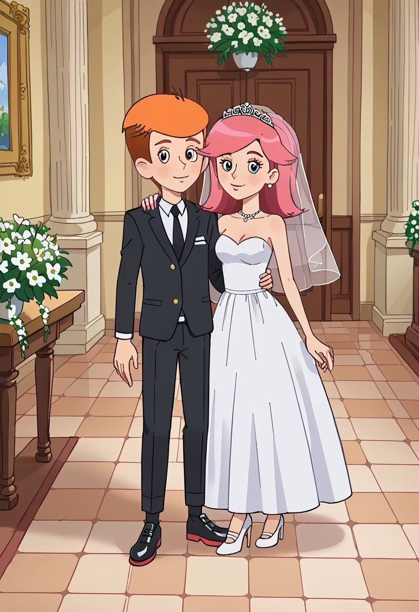 score_6,  interior, tile floor, white wall, two characters, couple boy and girl, 
(bride girl olya, girl with long pink hair and perky tits, white 
heeled footwear, white wedding dress)
(fyodor, boy with short orange hair, black pants white shirt, black shoes, black jacket, )
couple, standing together against viewer, wedding ceremony, flowers, , front view