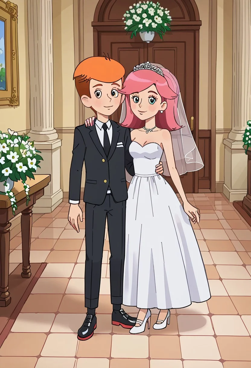 score_6, interior, tile floor, white wall, two characters, couple boy and girl,
(bride girl olya, girl with long pink hair and perky tits, white
heeled footwear, white wedding dress)
(fyodor, boy with short orange hair, black pants white shirt, black shoes, black jacket, )
couple, standing together against viewer, wedding ceremony, flowers, , front view