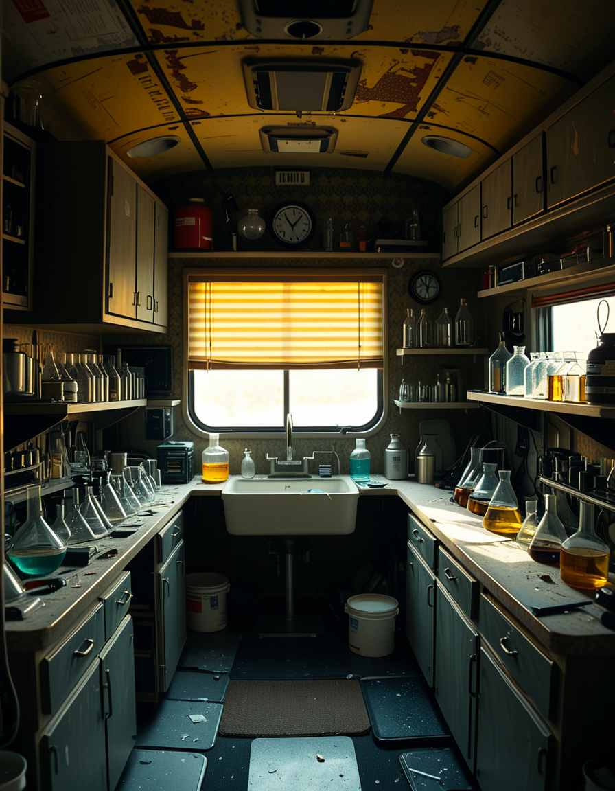 The interior of an old RV converted into a clandestine drug laboratory, inspired by the TV series Breaking Bad. The space is cramped and messy, filled with scientific equipment, glass beakers, flasks, burners, chemical containers, and lab tools scattered around. The walls are aged and stained, with peeling wallpaper and old metallic cabinets. A small sink area is cluttered with dirty lab glassware. The lighting is dim and tinted yellow, with sunlight barely filtering through dusty blinds. The floor is grimy, with a mix of rubber mats and worn carpet. The overall atmosphere is tense and gritty, capturing a sense of secrecy and danger. Hyper-realistic style, cinematic composition, rich in textures and shadows.
<lora:SDXLFaeTastic2400:0.4> <lora:extremely_detailed:0.4> extremely detailed,<lora:old_RV_drug_l4b0r4t0ry:1>,old RV drug l4b0r4t0ry, Masterpiece,best quality,hi res,8k,hi res,8k,award winning,(sharp focus, intricate, highly detailed),