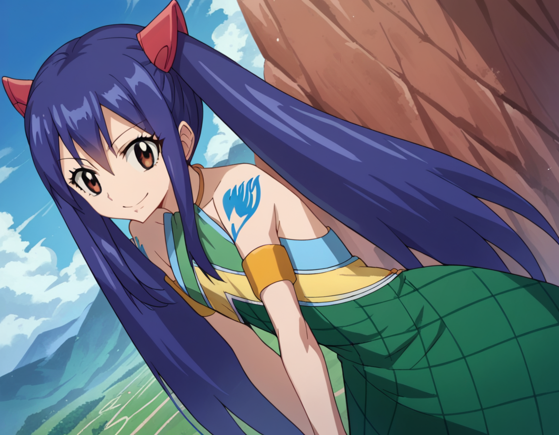 score_9, score_8_up, score_7_up, source_anime,
wendymarvell, <lora:wendy-marvell-s7-ponyxl-lora-nochekaiser:1>
wendy marvell, long hair, hair ornament, twintails, brown eyes, blue hair,
bare shoulders, tattoo, armlet, dress, green dress,
outdoors, landscape, bent over, smile,
looking at viewer, dutch angle, cowboy shot