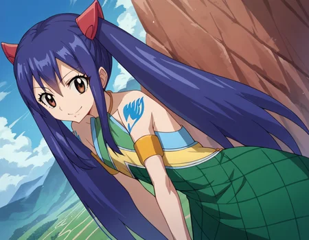 score_9, score_8_up, score_7_up, source_anime,
wendymarvell, <lora:wendy-marvell-s7-ponyxl-lora-nochekaiser:1>
wendy marvell, long hair, hair ornament, twintails, brown eyes, blue hair,
bare shoulders, tattoo, armlet, dress, green dress,
outdoors, landscape, bent over, smile,
looking at viewer, dutch angle, cowboy shot