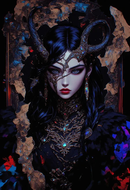 High quality, ultra-detailed, colorful, abstract, fantasy, bo-abyss, a digital drawing in an anime style, featuring a fantastical, otherworldly gothic Victorian woman with an air of elegance and mystery. She has a pale, porcelain-like complexion, her long, flowing black hair adorned with streaks of white cascading over her shoulders in soft, dramatic waves. Her deep, glowing crimson eyes radiate a haunting allure, framed by thick lashes and subtle, smoky eyeshadow. She wears a black, high-collared Victorian gown with intricate lace patterns and shimmering silver embroidery that catches the faint light, giving her an ethereal glow. Around her neck is a delicate, ornate choker featuring a blood-red gemstone, adding a touch of regal menace. Her expression is enigmatic, her lips painted a deep black, slightly parted to reveal faintly sharpened teeth, hinting at an otherworldly nature. A pair of twisted, blackened horns curve elegantly from her head, adorned with thin, metallic chains and tiny, glimmering jewels in shades of red and violet. The background is a dynamic blend of solid black and layers of glitch art, fragmented Victorian text, and faint, metallic textures. Smudged paint strokes and scratches overlay the background, adding a sense of decay and digital interference. The overall ambiance is dark and moody, with hints of surrealism as her hair and gown seem to merge with the flowing, glitch-like abstract elements around her, creating an otherworldly and timeless visual