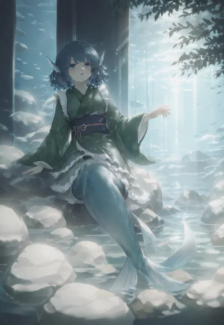 volumetric lighting, ambient occlusion, luminescent background, masterpiece, very awa,underwater, mermaid, a mermaid swimming towards a beam of light, dynamic angle,cinematic angle
BREAK
wakasagihime, 1girl, solo, blue eyes, blue hair, short hair, drill hair, head fins, mermaid,green kimono, frilled kimono, wide sleeves, blue obi, yellow obijime,elegant