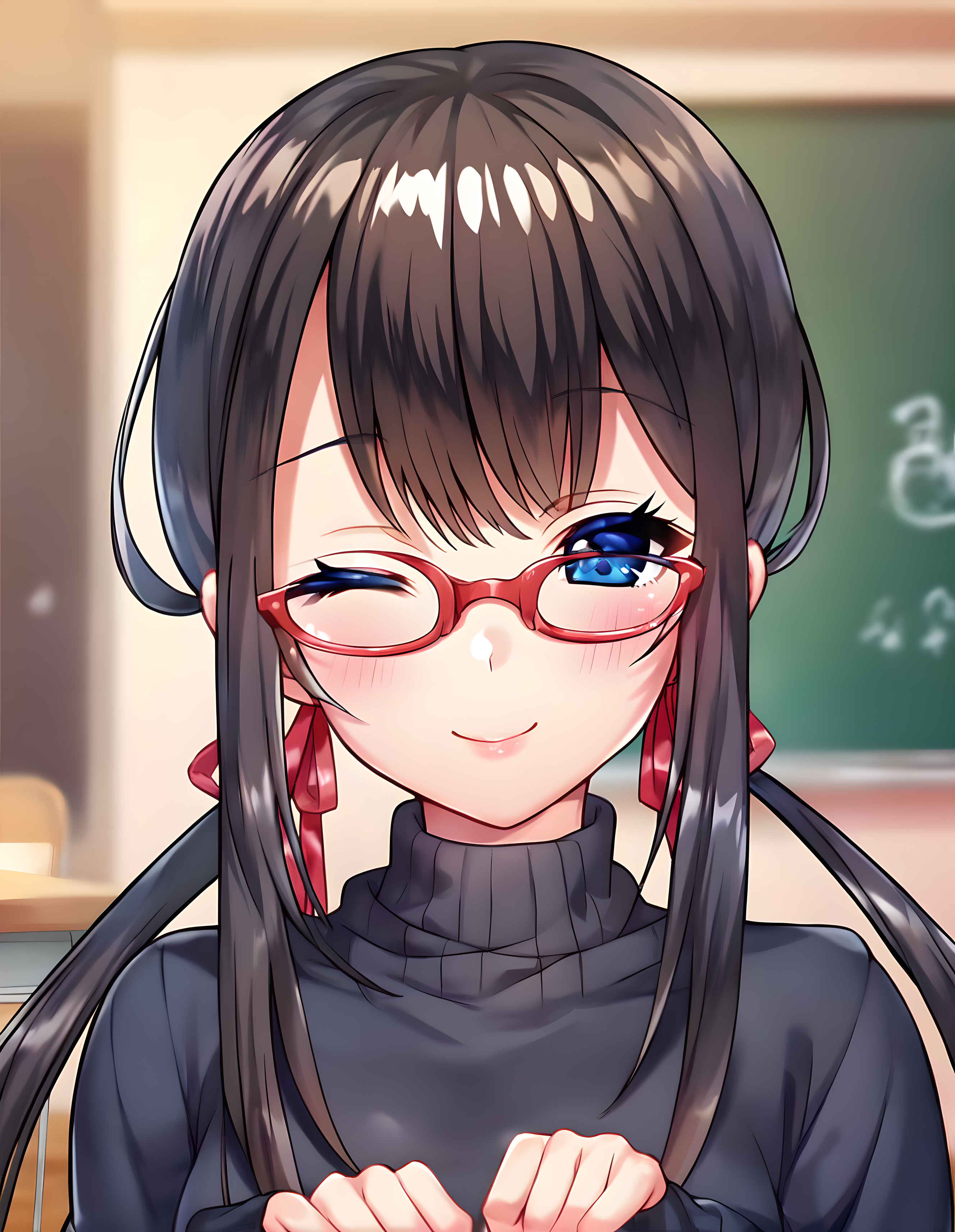 <lora:pony_xl_karin:0.9>,karin,score_9,score_8_up,score_7_up,source_anime,1girl,solo,glasses,under-rim eyewear,red-framed eyewear,turtleneck,black sweater,long sleeves,indoors,classroom,desk,chalkboard,school desk,blurry background,facing viewer,upper body,smile,:d,one-eyed wink,blush,