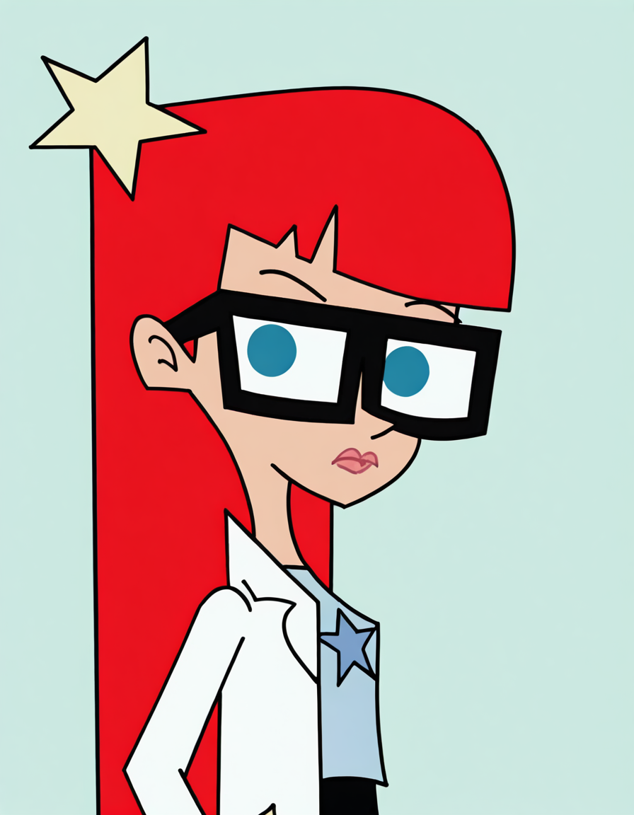 susantest, 1girl, red hair, glasses, solo, long hair, blue eyes, star hairclip, labcoat, blue t-shirt, looking at viewer,upper body,simple background,  <lora:SusanTestIllustrious1.0JLFO-000017:1.0>