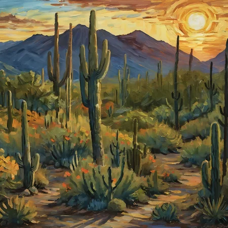<lora:vncnt:1>, vncnt style, arizona landscape, saguaro cactus, sunset
