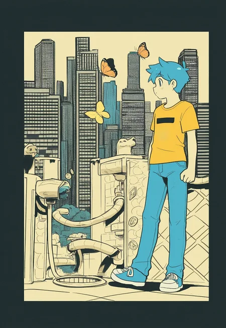 IllustriousQual fern ,butterfly, 1boy, male focus, shirt, denim pants, superhero aesthetic, outdoors, city view, flying toilets with pigs, coins dropping, amazing beef cows, extremely detailed,  WatercolorMangaLLS