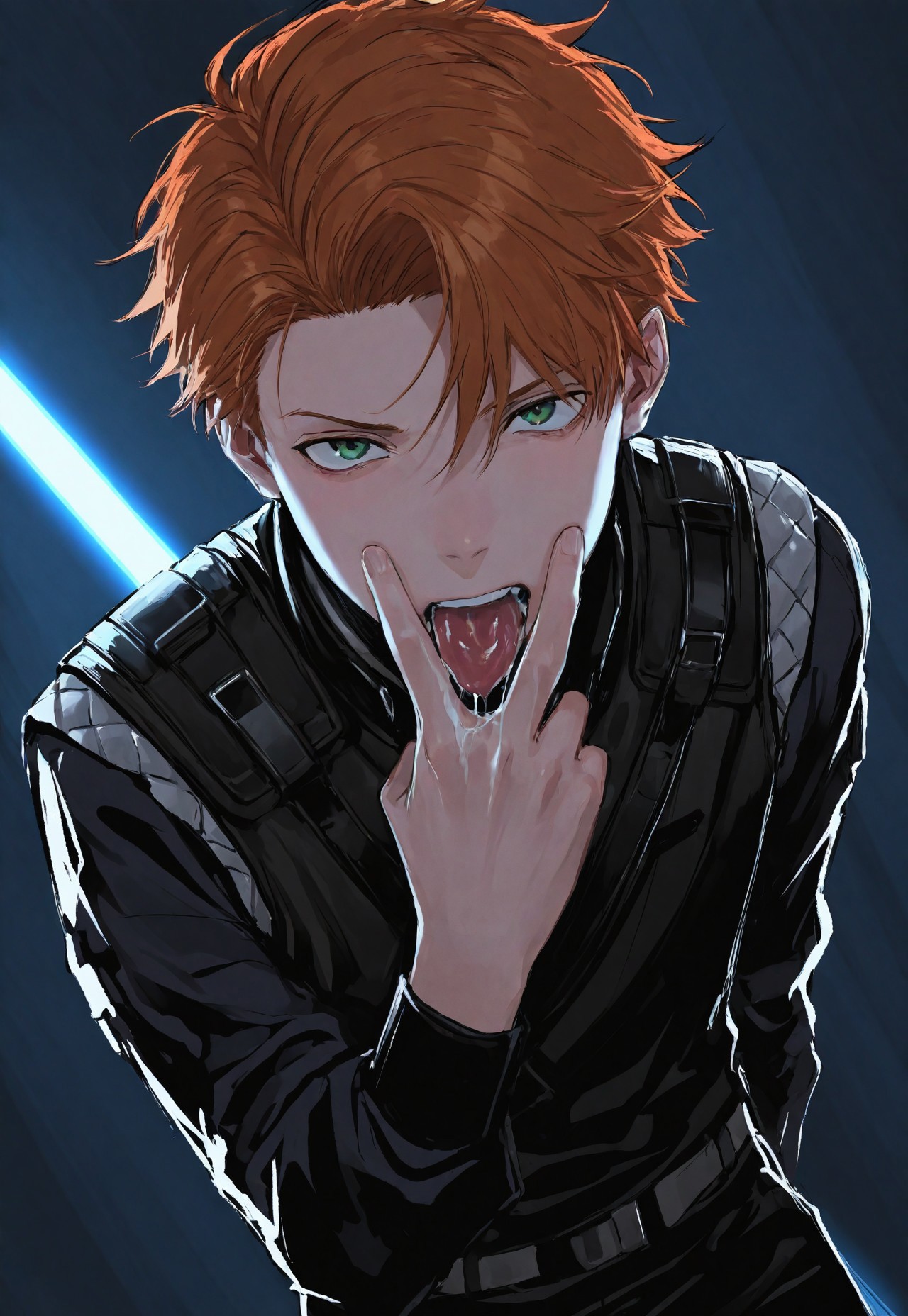 Smooth_Quality, masterpiece, best quality, amazing quality, very aesthetic, absurdres, newest, detailed background, kalKes, 1boy, solo, orange hair, short hair, green eyes, black jacket, padded shirt, vest, upper body, three quarter view, holding behind back, blue lightsaber, V, cunnilingus gesture, mouth open, tongue out, saliva, excessive drool, face focus 