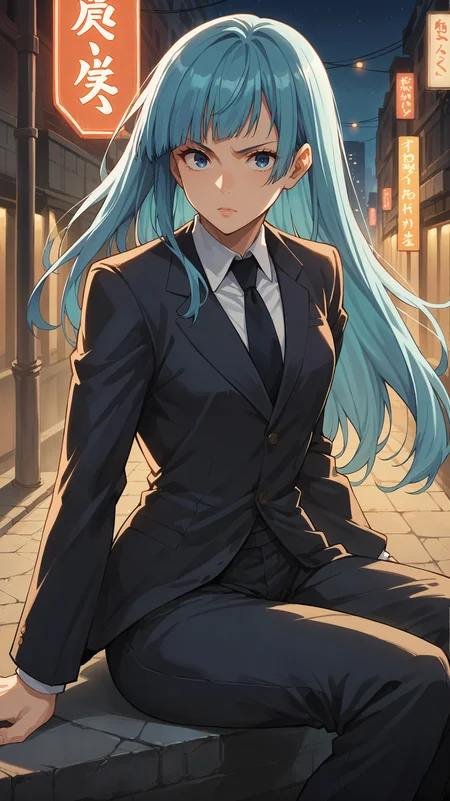 score_9,score_8_up,score_7_up,score_6_up, source_anime, zPDXL3, <lora:xl_more_art-full_v1:0.5>, girl, dynamic pose, sitting, <lora:Kasumi Miwa - Pony-000004:0.8>, long hair, aqua hair, blunt bangs, blue eyes, suit and tie, suit jacket, suit pants, dark city streets, solo, empty streets, neon lights, night, darkness,