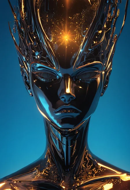 A hyper-realistic, half-body upper shot in chromecore style featuring Meiko with metal skin, kneeling in 3 inches of water. Her expression is expressionless and serious, with her colored skin shifting in gradients from vibrant chrome to metallic tones, emphasizing the chromecore aesthetic. She wears sleek armor, reflecting vibrant colors against a simple background that blends dark and blue tones, creating a contrast between bright chromatic elements and the surrounding dark vibes. The environment is a mix of dark fantasy and futuristic elements: white walls, floor, and pillars covered in creeper vines. The water reflects her, capturing the subtle play of light on her colored skin. The overall atmosphere is both monochrome and colorful, blending seamlessly. Shot with Canon EOS R5, 85mm f/1.2 L lens, for sharp detail and a cinematic, editorial feel. The design showcases pureerosface_v1 and follows the csr style, resulting in a high-quality masterpiece. ((Chromecore,,, simple background, dark and blue background, vibrant colors, colorful, metal skin, expressionless, serious, chromecore, bright, dark vibes, dark fantas, armor, monochrome, colored skin, gradient, pureerosface_v1, meiko, csr style))