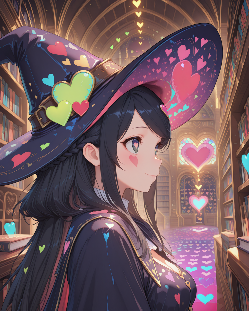 masterpiece,best quality,highres illustration,detailed face,1girl,from side,upper body,<lora:heartheart_IL:1.5>,colorful heart,black hair,swept bangs,braid,fantasy,witch hat,library,