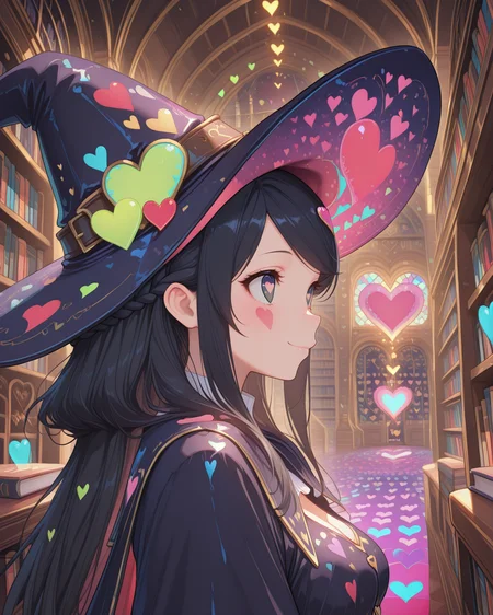 masterpiece,best quality,highres illustration,detailed face,1girl,from side,upper body,<lora:heartheart_IL:1.5>,colorful heart,black hair,swept bangs,braid,fantasy,witch hat,library,
