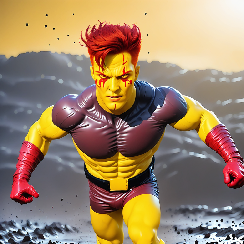 captainpollution, man, 1man, running, blender, yellow skin, red hair, red eyes, yellow face, dirty skin, super hero suit, red crop top, red cropped top, red cropped t-shirt, yellow stomach, navel, black belt with a golden buckle, red short pants, red boots with black sole, red gloves, smooth, detailed, comic book style, plain solid background, masterpiece, 4k, mud spots on face, mud spots on yellow skin