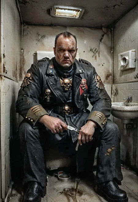 score_9, score_8_up, score_7_up,
solo, photo real, masterpiece,
absurdes, ultra detailed, amazing quality,
detailed eyes, perfect hands, detailed fingers, photography, film grains, grainy, zlnyslnk,
detailed face, detailed eyes,
looking at viewer,
underground, basement, indoors,
public restroom, dirty toilet, cleaning toilet,
fork in hand,
unique angle, dramatic angle, brown military jacket,
muscular, sitting, playing checkers,
zlnyslnk, brtshk, short black hair, shaved face, black military jacket, spacemarinenohelmet, space marine, warhammer 40k