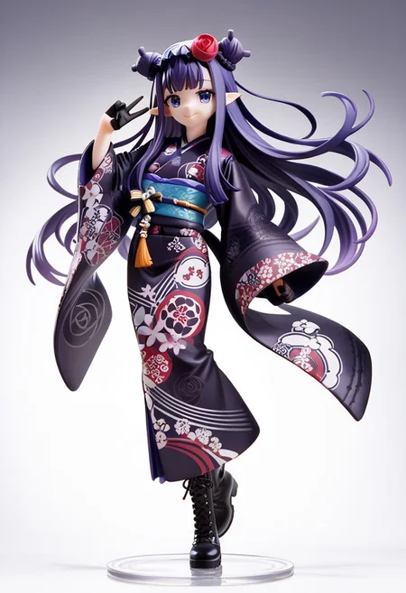 source_anime, score_9, score_8_up, score_7_up,
gradient background,
full body, smile, hand up, v,
<lora:ninomae_inanis_pony_v1ep08a03:1>
inaNewYear, very long hair, purple hair, center-flap bangs, sidelocks, double bun, headpiece, hair flower, rose, pointy ears, blue eyes, mole under eye,
japanese clothes, black kimono, blue obi, long dress, print kimono, wide sleeves, black gloves, boots, cross-laced footwear,