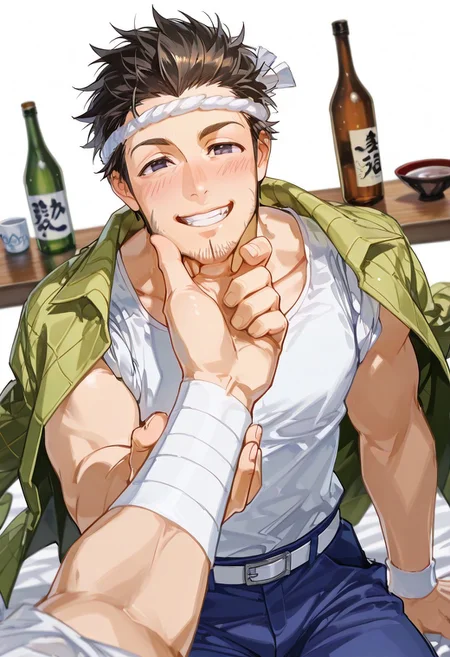 score_9, score_8_up, score_7_up, score_6_up, perfect anatomy, perfect proportions, best quality, masterpiece, high_resolution, high quality, best aesthetic, incredibly absurdres, highres, extremely detailed, huge filesize, solo male, adult, mature male, dilf, middle age, masculine, manly, handsome, charming, alluring, standing, upper body, dutch angle, cowboy shot, perfect face, source_game \SaGa Frontier\), official style \(SaGa Frontier\), Gen \(SaGa Frontier\), SGFGen, black eyes, black hair, short hair, facial hair, stubble, SGFGen_outfit02, white headband, white twisted hachimaki \(headband\), Japanese workwear, white shirt, sleeves rolled up to shoulders, sleeveless, Japanese workwear pants, blue pants, white belt, white wrist bandage, white wrist wrap, jacket over shoulders, green jacket, shoulders, slight blush, grin, bottle, japanese sake, simple background, depth of field, looking at viewer, (pov, from above, other person hand chin grab), hand grab, pov, close up, face focus, kneeling, big hand