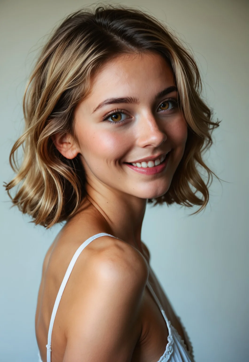 safe_pos, score_9, score_8_up, score_7_up, award-winning photograph, photorealistic, 8K UHD photograph, realism, 1girl, (side view, looking over-her-shoulder),photo, photorealistic, extreme close-up, teasing smile, looking past viewer, sexy, 18yo, (youthful), 1 girl, sharp focus, small breasts, (Italian), olive skin, (blonde hair with dark roots), slender, perfect body, friendly smile, high-resolution photograph of a beautiful girl, with cinematic grading and dynamic lighting, this image captures her charm and charisma in a movie-like atmosphere, masterpiece, high-definition, 4k 8k, DSLR, analog film, incredibly detailed face and eyes, skin details, subtle skin blemishes, even lighting, cinematic shot, 75mm, Technicolor, Panavision, cinemascope, sharp focus, fine details, 8k, HDR, realism, realistic, film still, cinematic color grading, depth of field, beautiful, extremely detailed background, ((detailed skin)), zPDXL3, real life photo, Photo Real