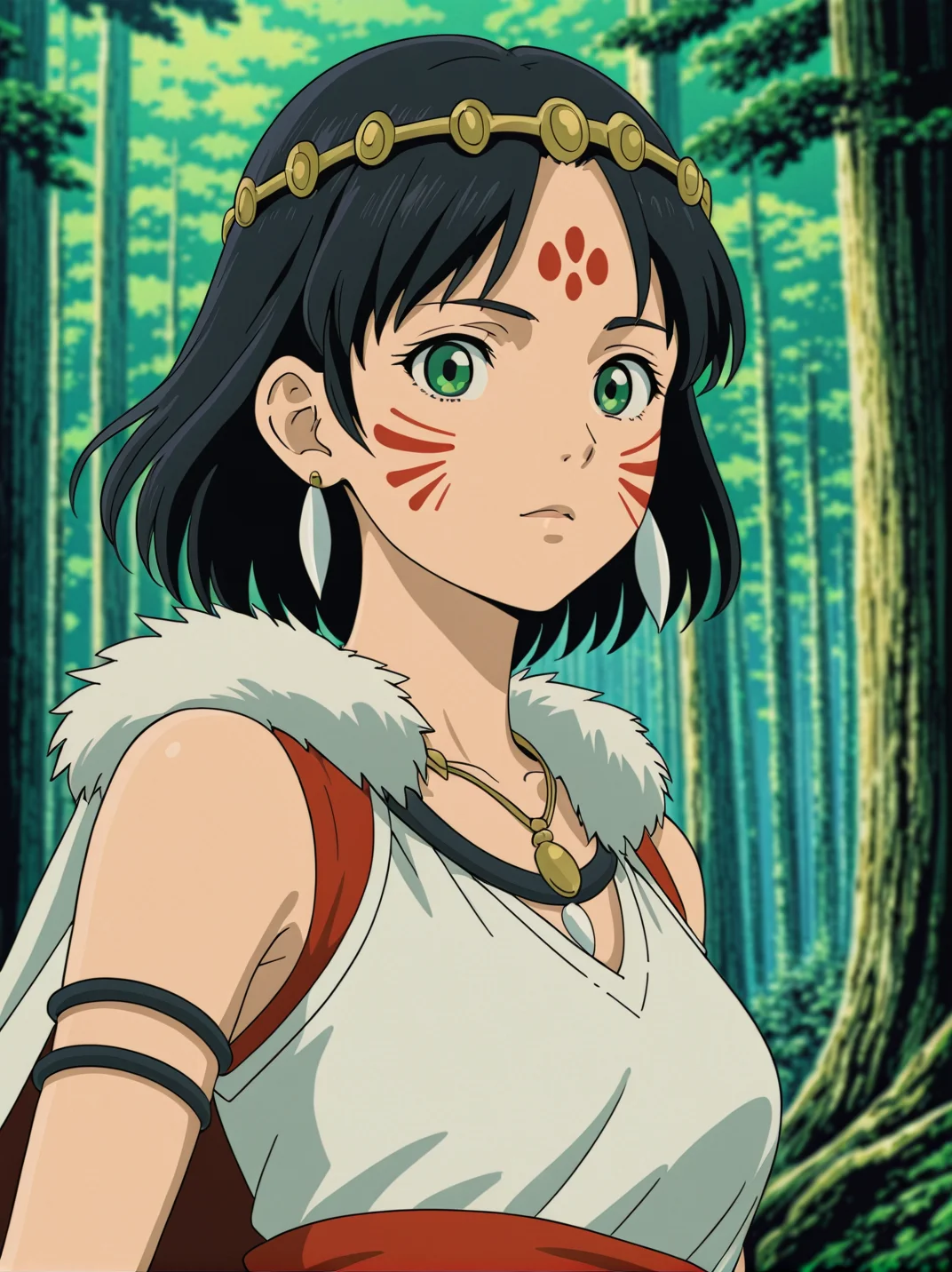 anime screencap from studio ghibli , san \(mononoke hime\), 1girl, armlet, bangs, black hair, black undershirt, breasts, cape, circlet, earrings, facepaint, floating hair, forest, fur cape, green eyes, jewelry, looking at viewer, medium breasts, nature, necklace, outdoors, parted bangs, shirt, short hair, sleeveless, sleeveless shirt, solo, tooth necklace, tree, upper body, white shirt , ((masterpiece))