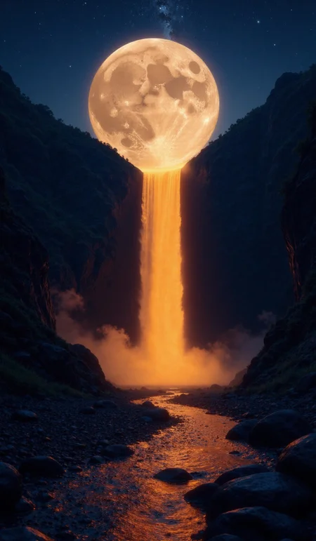 A surreal night scene of a dark waterfall landscape with the full moon seamlessly blending into the waterfall's flow, creating the illusion that the moon is pouring glowing orange liquid down into the water below. The sky above is filled with stars and the Milky Way, enhancing the mystical atmosphere. The waterfall cascades down dark rock cliffs, and the surrounding landscape is shadowed, adding depth and contrast. The 'water' pouring from the moon is illuminated in a fiery orange, glowing against the dark surroundings and casting a soft, warm light onto the ground below. The riverbed in the foreground is littered with dark, wet stones, reflecting faint light from the glowing waterfall. The overall lighting is dramatic and ethereal, blending natural and cosmic elements in a fantasy-like setting. <lora:flux_realism_lora:2>, <lora:aidmaImageUpraderv0.3:0.5>, aidmaimageupgrader, <lora:iphone-dev-7:0.5>, iphone photo, <lora:aidmaHyperrealismv0.3:0.5>, aidmaHyperrealism, <lora:db0_realism:0.5>, <lora:Cinematic_style_2:0.1>, <lora:c41_hasselblad_portra400_FLUX:0.3> <lora:cultures_v2_flux:0.5>