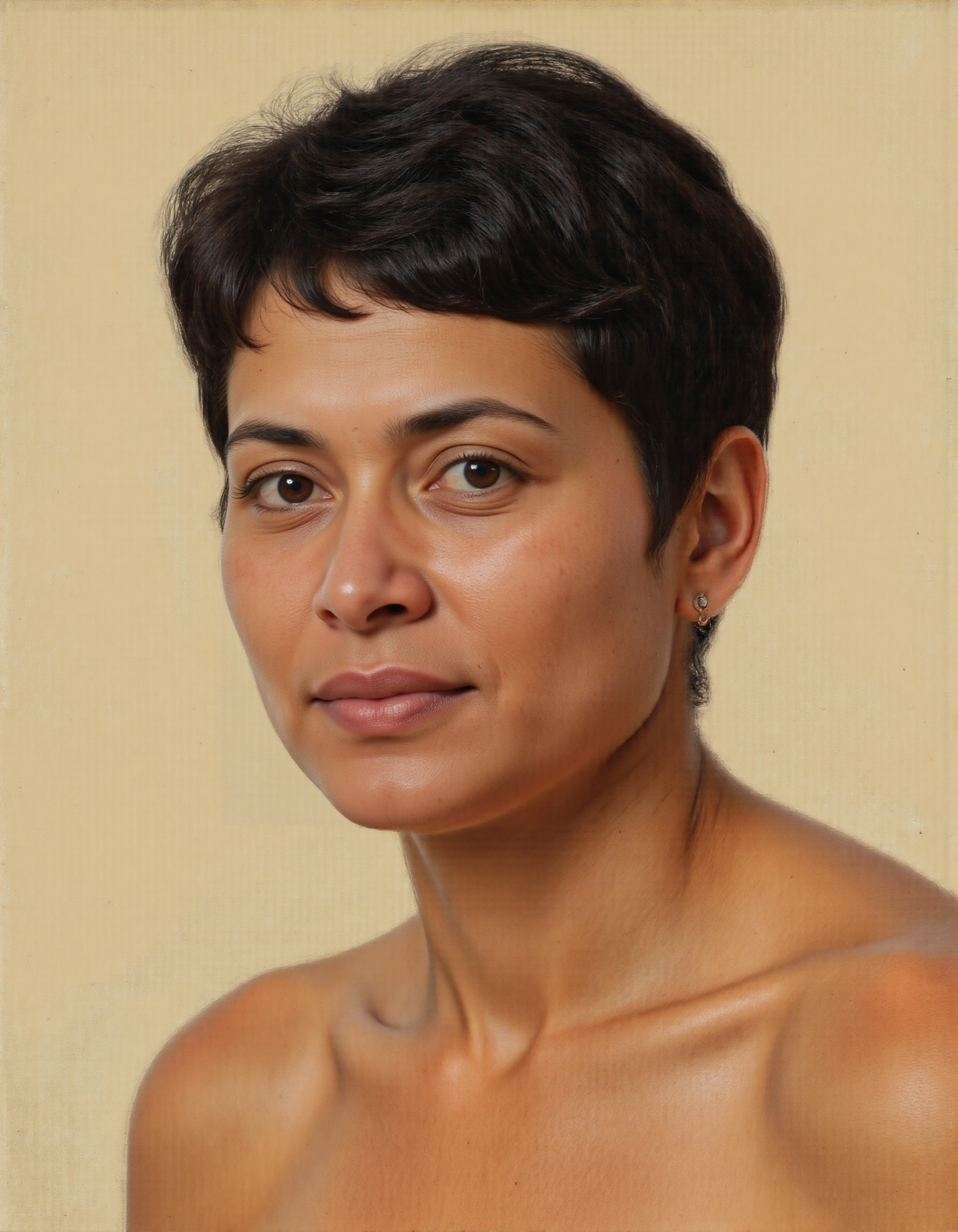 <lora:rerikh:1>, This image is a digital photograph of an oil painting midbody portrait of mature indian black pixiecut hair woman, <lora:new:1>