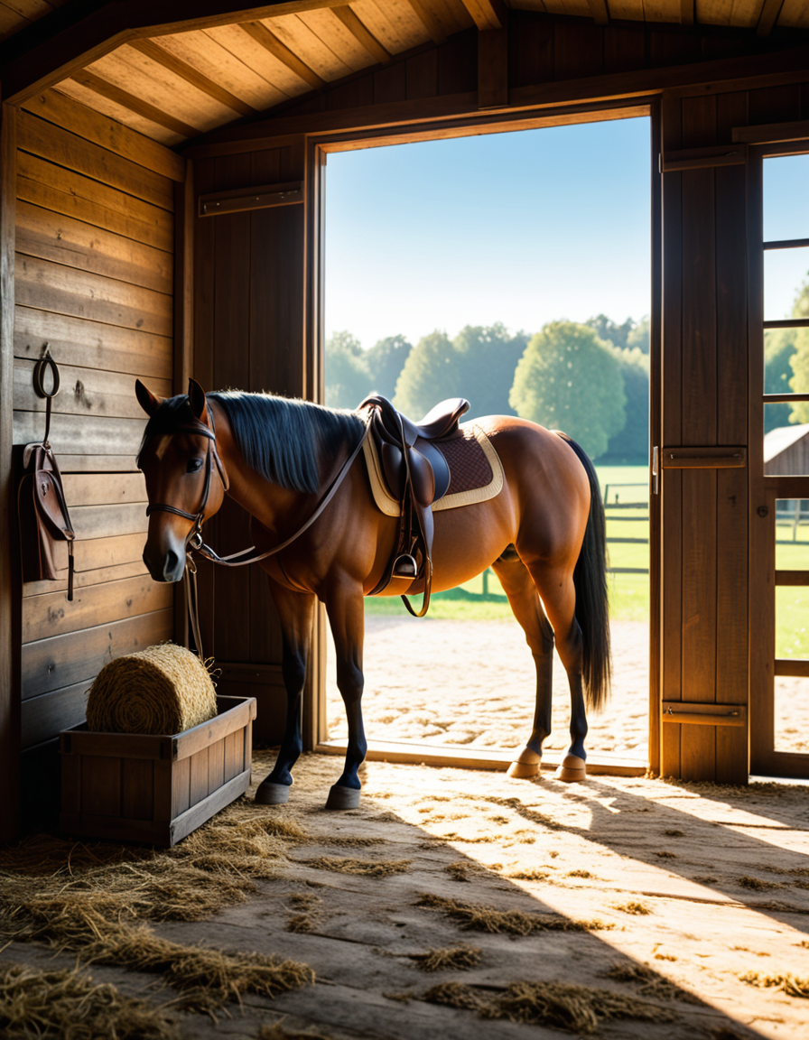 A rustic horse stable in the countryside, built with aged wooden beams and stone foundations, bathed in warm golden sunlight. The stable doors are slightly open, revealing the soft hay-covered floor inside. Horses stand calmly in their stalls, their glossy coats catching the light. Dust particles float in the air, illuminated by the sunbeams filtering through the gaps in the wooden planks. The atmosphere is serene, with a vintage, timeless feel. Weathered saddles and bridles hang neatly on the stable walls, and an old wooden cart sits nearby. The background features rolling green fields and a clear blue sky, creating a peaceful rural setting. Ultra-detailed, photorealistic, warm tones, cinematic lighting, sharp textures.
<lora:SDXLFaeTastic2400:0.4> <lora:extremely_detailed:0.4> extremely detailed,<lora:rustic_horse_st4bl3:1>,rustic horse st4bl3, Masterpiece,best quality,hi res,8k,hi res,8k,award winning,(sharp focus, intricate, highly detailed),