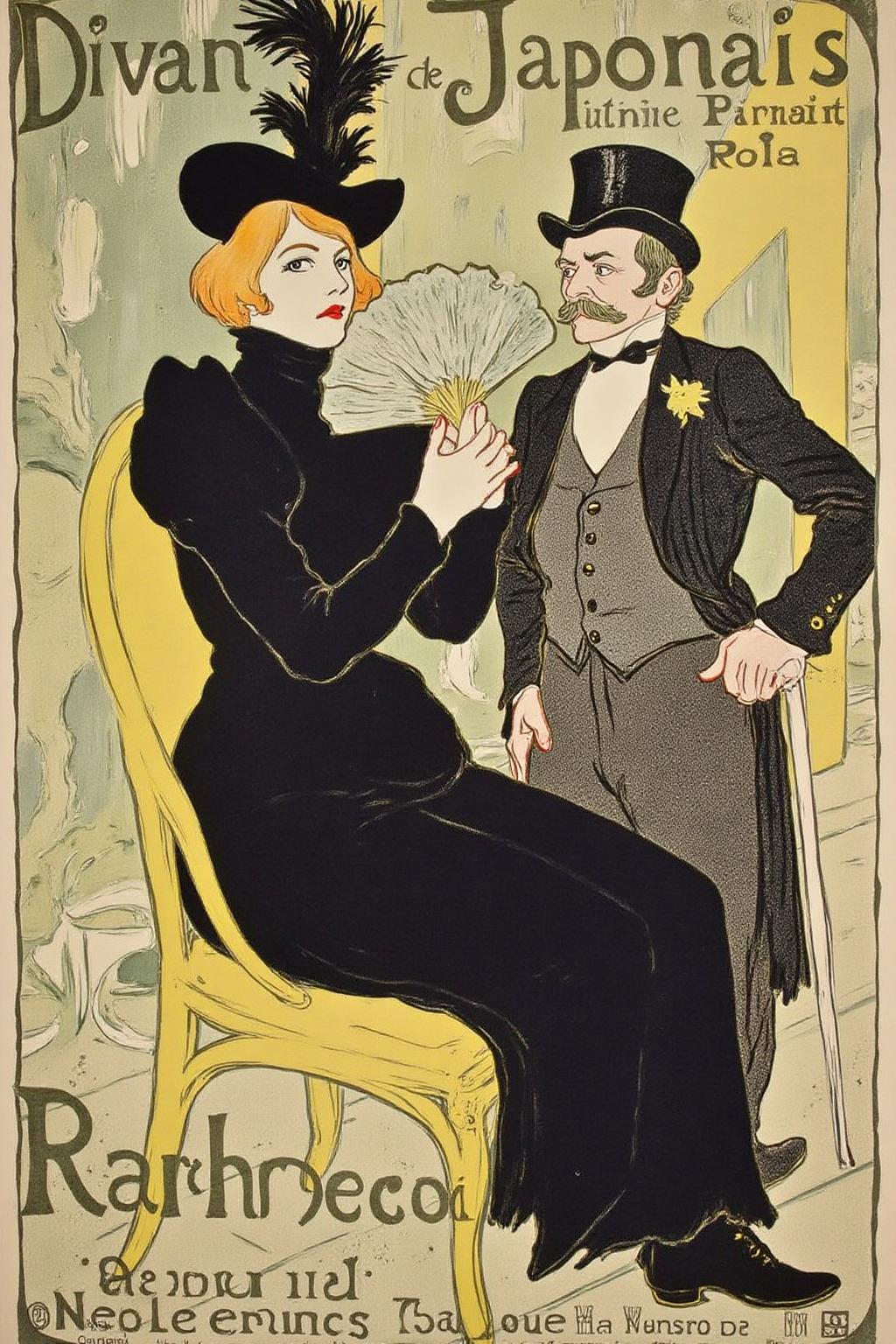 lautrec1 illustration 
vintage poster, likely from the early 20th century, for a play or performance called "Dîvan Japonais." The poster is rendered in a stylized, Art Nouveau style typical of the era, with a pastel color palette dominated by shades of green, yellow, and brown. The central figure is a woman dressed in a dark, long coat and a high-crowned hat adorned with a large, decorative feather. She has a pale complexion and her hair is styled in a bob with a slight wave. Her expression is serene, and she holds a fan in her left hand. She is seated on a chair with a curved back, which is painted in a light, almost transparent yellow. To her right, a man with a full beard and mustache is partially visible, wearing a dark suit and a bowler hat. He appears to be leaning on a cane, with a more relaxed posture.
 <lora:lautrec1_cap_d6a3e11:1.0><lora:810946059774918428:0>