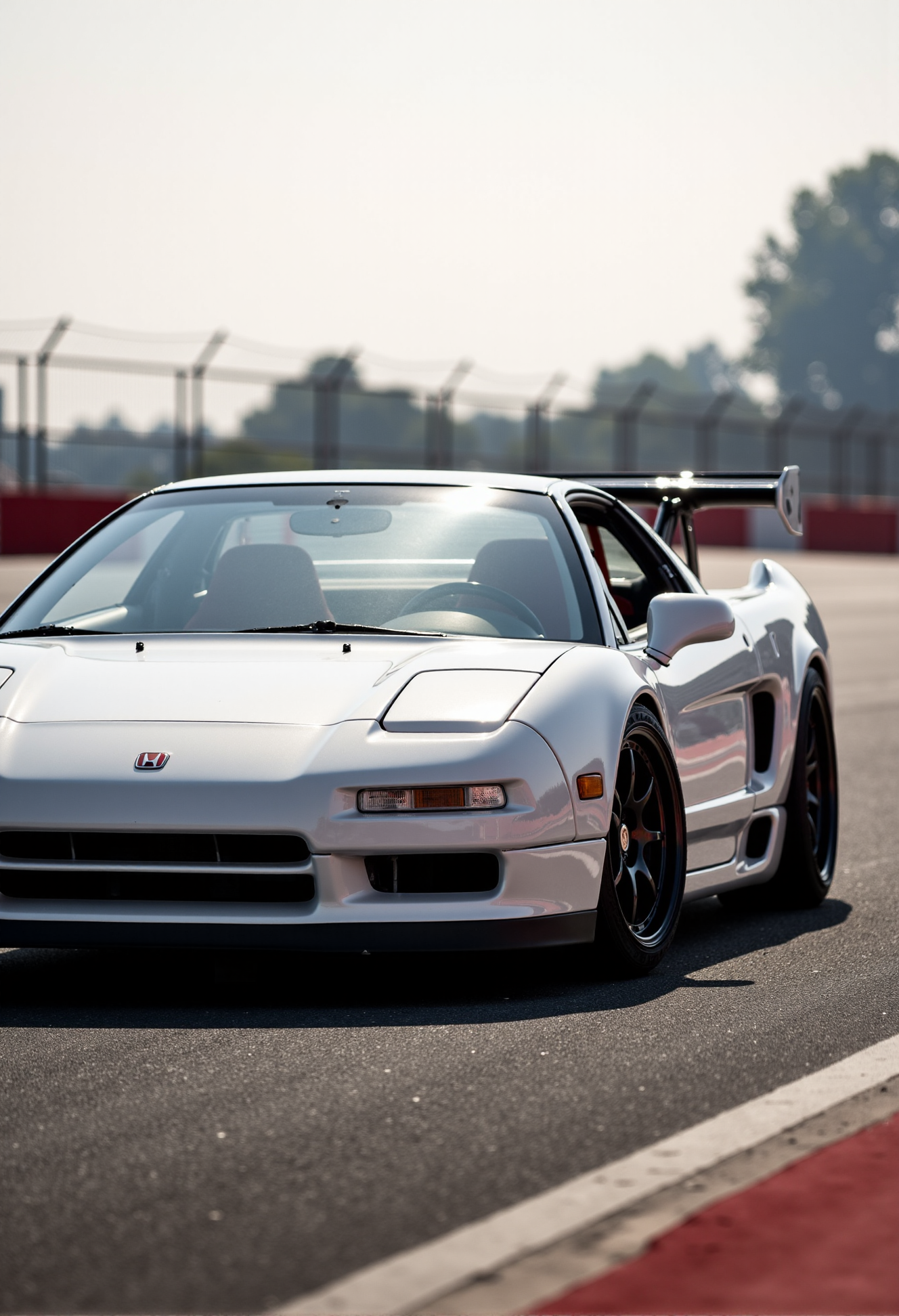 <lora:Honda_NSX:0.80>
(A from a side view:1.3) of the Honda NSX NA1 from '93, a track beast forged with angular dominance, finished in Championship White with red accents that scream JDM legacy under the blazing daylight of a racetrack. From this side angle, the pop-up headlights and wide stance take stage, the rectangular grille and sharp bumper lines exuding raw aggression, while the hood’s flat surface catches the sun’s rays with crystalline clarity. The Enkei RPF1 wheels, finished in matte black, sit tucked beneath the chiseled fenders, their lightweight design amplifying the Honda NSX NA1’s cornering posture, with visible brake calipers glowing red through the spokes. The razor-thin panel gaps between the bumper and fenders reflect Honda’s precision engineering, while the windshield’s subtle tint catches streaks of sunlight, adding depth to the composition. This side shot captures the Honda NSX NA1 mid-turn, its angular body leaning into the corner with dynamic intensity, wheels blurring with motion. The background fades into a haze of track barriers and asphalt, making the Championship White paint the focal point, its purity radiating with every ray of light. This isn’t just a Honda NSX NA1—it’s a track legend, captured in a moment of pure performance.