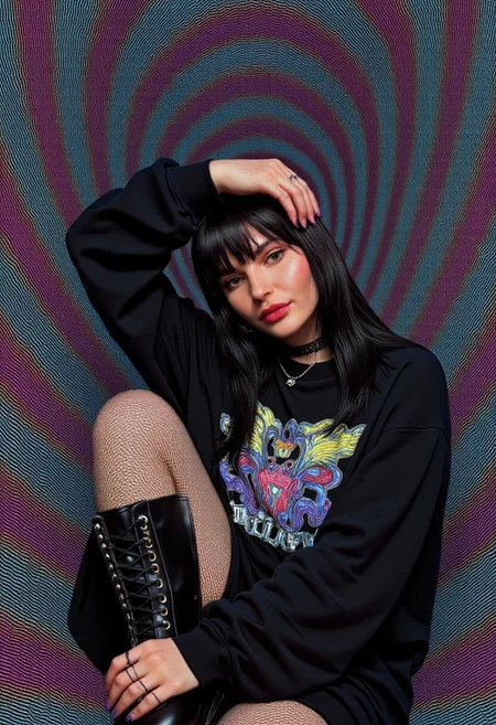 A high-resolution, highly detailed, hyper-realistic ArsMJStyle colored pencil hyper-detailed realism illustration of a gothic-inspired woman, exuding an edgy, alternative aesthetic. She has a pale complexion and straight black hair with sharp bangs, framing her intense gaze. Dressed in a punk-infused ensemble, she wears a black long-sleeved T-shirt featuring a bold graphic print, paired with a black mini skirt. Her legs are wrapped in black fishnet stockings, leading down to knee-high, lace-up boots with thick, chunky soles that dominate the foreground, emphasizing their weight and detail. A black choker encircles her neck, complementing her dark makeup—intense black eyeliner, deep black lipstick, and a subtle hint of blush. She lounges effortlessly, reclining with one leg raised in a casual yet commanding pose. The background transforms into a mesmerizing optical illusion, a swirling vortex of countless thin, evenly spaced lines radiating outward in a hypnotic spiral. These lines blend vivid hues of blue, green, red, and yellow, creating a kaleidoscopic effect against a deep black backdrop that intensifies their brightness. The wavy patterns enhance the illusion of depth and movement, evoking a surreal, mathematical precision. This fusion of gothic fashion and mind-bending abstraction crafts a visually striking and immersive composition. ernie_1