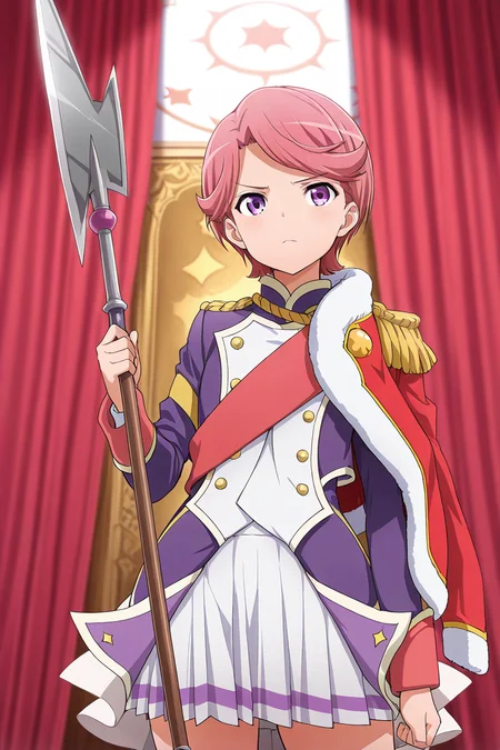 masterpiece, best quality, amazing quality,
 <lora:Futaba_IL:1> futaba, 1girl, weapon, solo, jacket, skirt, polearm, short hair, pink hair, holding, holding weapon, buttons, standing, epaulettes, stage outfit, red curtains
