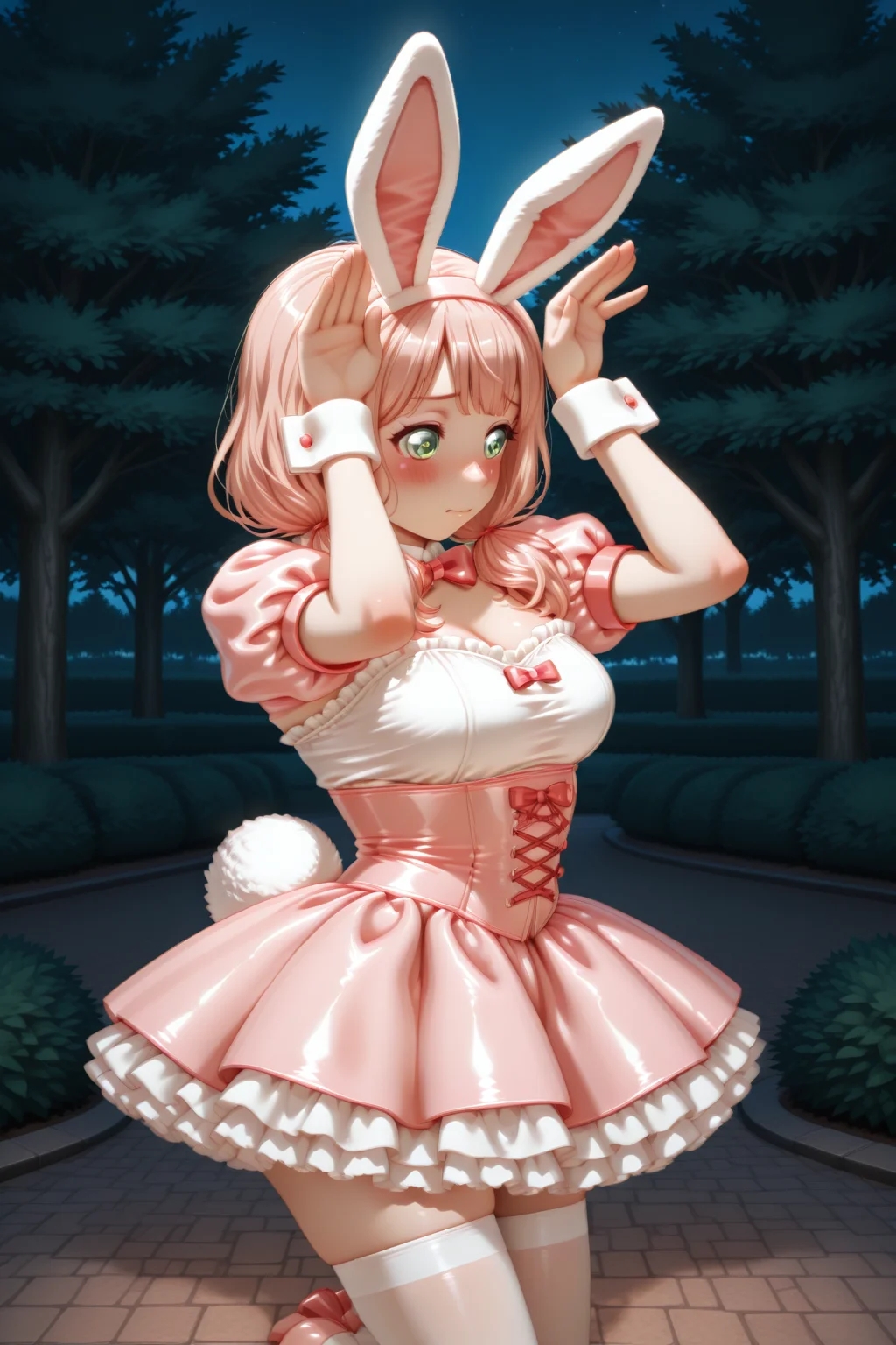 masterpiece, best quality, amazing quality, 1girl, solo, makeup, general, looking at viewer, cowboy shot, blush, park, night, (squatting, rabbit pose, cute pose, erotic), very shy, humiliated, embarrassed, dynamic angle, light, from side, <lora:Uehara_Himari_Ban_Dori:1>, Uehara_Himari_Ban_Dori, green eyes, pink hair, long hair, breasts, low twintails, <lora:Fluff_Bunny_Reverie_Costume:1>, Fluff_Bunny_Reverie_Costume, short dress, frilled dress, pink dress, white thighhighs, pink bow, ribbon, rabbit ears, puffy short sleeves, pink hairband, fake animal ears, bowtie, rabbit tail, lace trim, cross-laced clothes, zettai ryouiki, petticoat, wrist cuffs, detached collar, corset, pink footwear, high heels, footwear bow, <lora:wai-2Rectified-V140:1>, <lora:illustrious_noobai_epsilon_pred_1_masterpieces_v1:1>