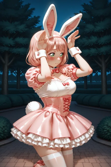 masterpiece, best quality, amazing quality, 1girl, solo, makeup, general, looking at viewer, cowboy shot, blush, park, night, (squatting, rabbit pose, cute pose, erotic), very shy, humiliated, embarrassed, dynamic angle, light, from side, <lora:Uehara_Himari_Ban_Dori:1>, Uehara_Himari_Ban_Dori, green eyes, pink hair, long hair, breasts, low twintails, <lora:Fluff_Bunny_Reverie_Costume:1>, Fluff_Bunny_Reverie_Costume, short dress, frilled dress, pink dress, white thighhighs, pink bow, ribbon, rabbit ears, puffy short sleeves, pink hairband, fake animal ears, bowtie, rabbit tail, lace trim, cross-laced clothes, zettai ryouiki, petticoat, wrist cuffs, detached collar, corset, pink footwear, high heels, footwear bow, <lora:wai-2Rectified-V140:1>, <lora:illustrious_noobai_epsilon_pred_1_masterpieces_v1:1>