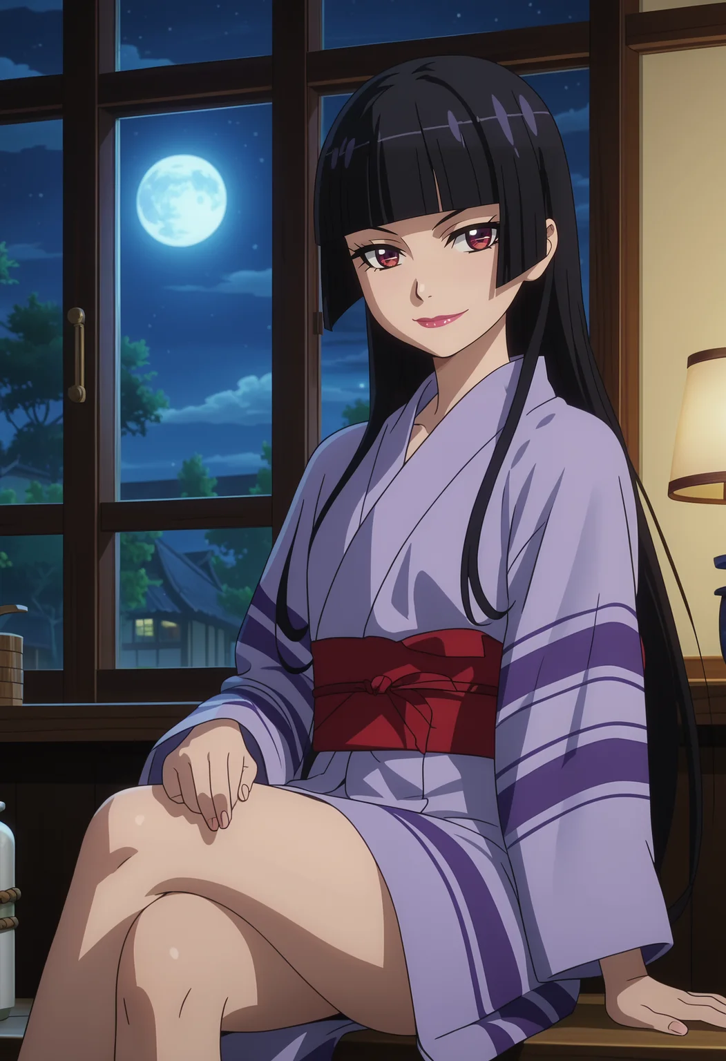 score_7_up, anime screencap,
<lora:GATE_RoryMercuryXL:0.9>, RoryMercury,
1girl, solo, closed mouth, light smile,
long hair, black hair, red eyes, hime cut, blunt bangs, lipstick,
yukata, purple kimono,
sitting, crossed legs, looking at viewer,
indoors, window, night, moon