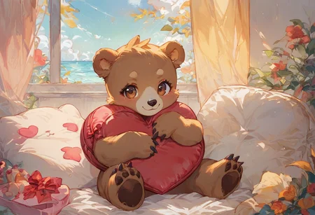 score_9, score_8_up, score_7_up, solo, (Brown) little bear, (Brown) eyes, sitting on hind legs, bear cub hugging a stuffed heart, facing viewer, day, (Red) stuffed heart, stuffed animals, Valentine's Day theme,