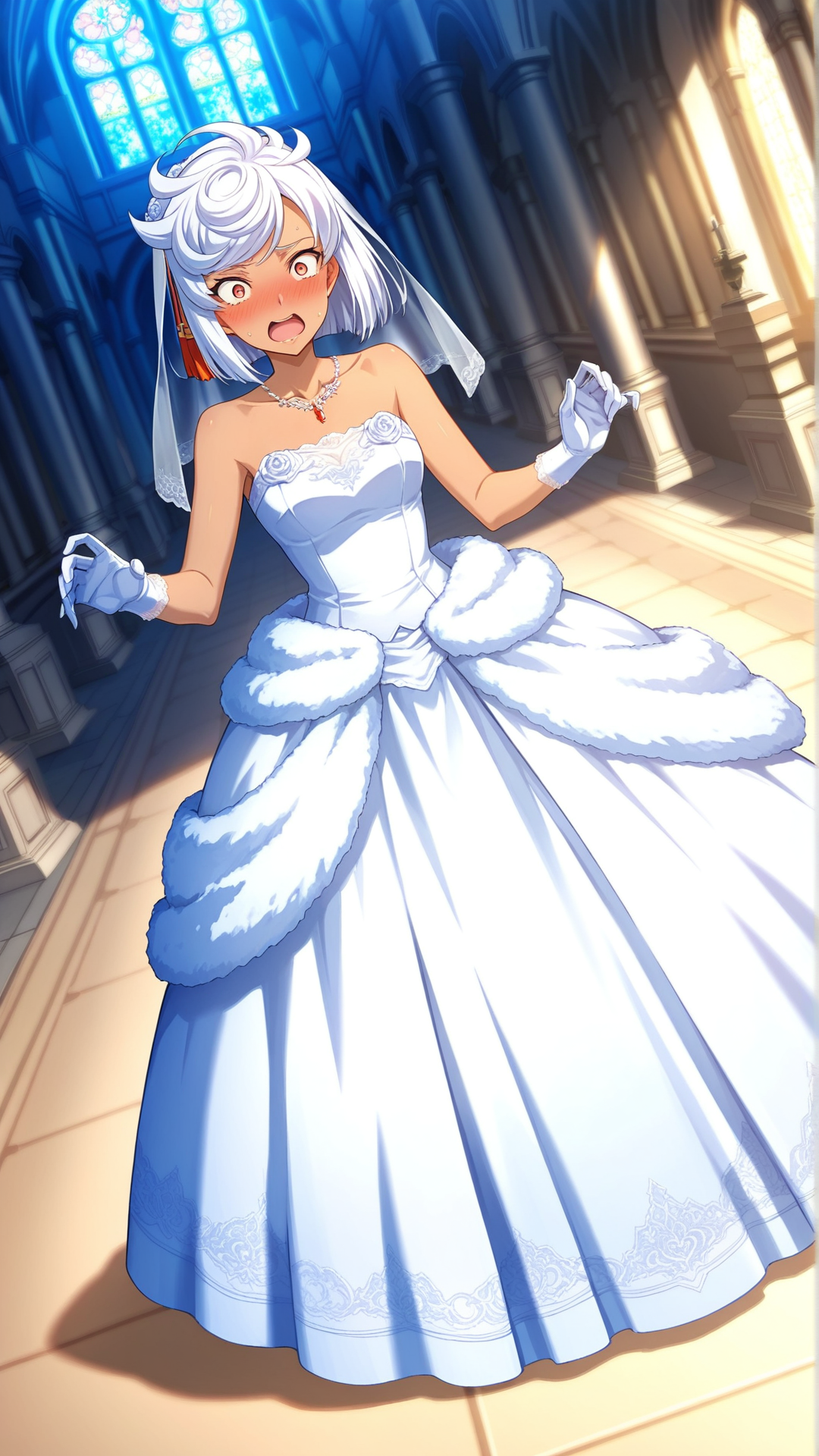 source_anime, general, best quality, masterpiece, 1girl, <lora:Tissisaaq_ill_v1.0:1> tissisaaq\(scarlet grace\),white hair, short hair, dark skin, dynamic pose, dutch angle, wedding dress,chapel, panicking, embarrassed,  full body,