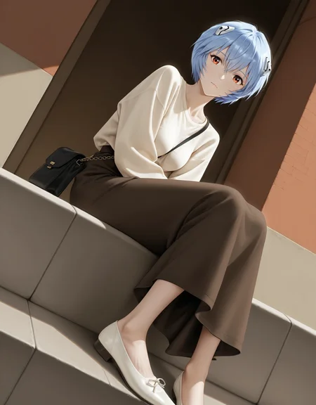 masterpiece,best quality,very aesthetic,zPDXL,1girl,indoor,<lora:flatshoes-000019:0.6>,balletshoesXL1,white footwear,flat_shoes,sitting,(realistic:0.5),skindentation,skinny,(messenger bag:0.8),ayanami rei,long sleeves,long skirt,dynamic_angle,
