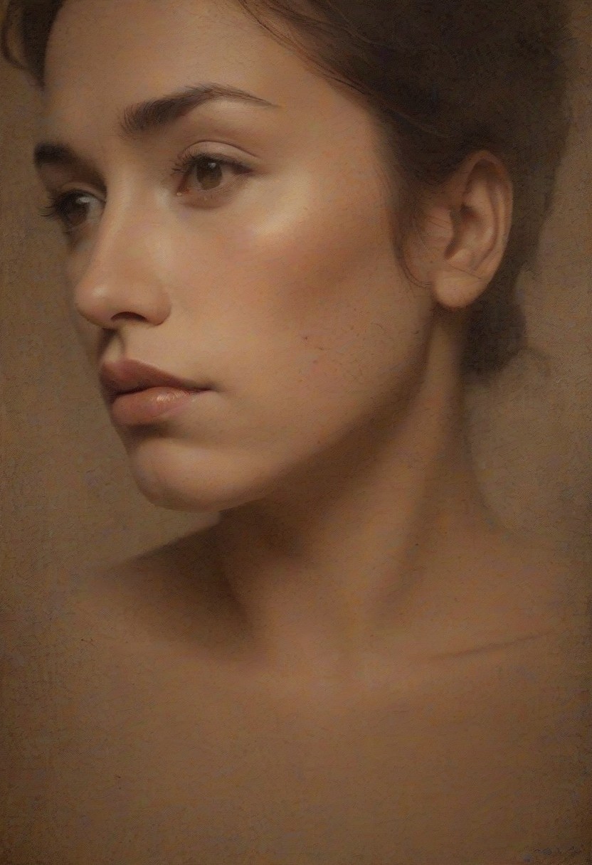 A expressionistic portrait of Tiaris with dark brown hair loosely styled, brown eyes, soft blush, and dirty skin. Abstract background with warm brown and red tones and distressed textures. Expressionism