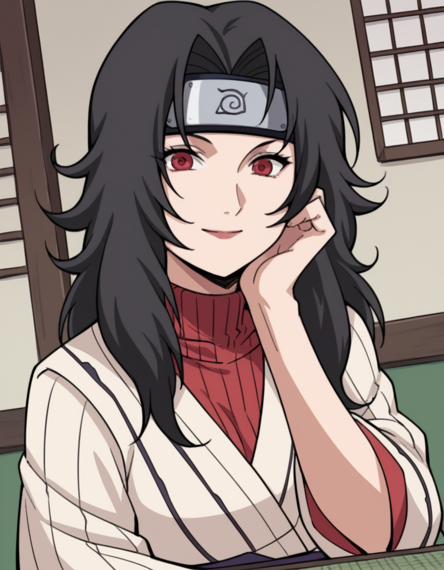 score_9, score_8_up, score_7_up, source_anime, <lora:kurenai-yuhi-s1s2-ponyxl-lora-nochekaiser:1>, kurenai yuhi, long hair, black hair, red eyes, parted bangs, mature female, large breasts,, sidelocks, single hair bun, forehead protector, japanese clothes, sweater, ribbed sweater, turtleneck, long sleeves, sash,, indoors, smile, looking at viewer, solo, sitting, head rest,, cowboy shot, dutch angle