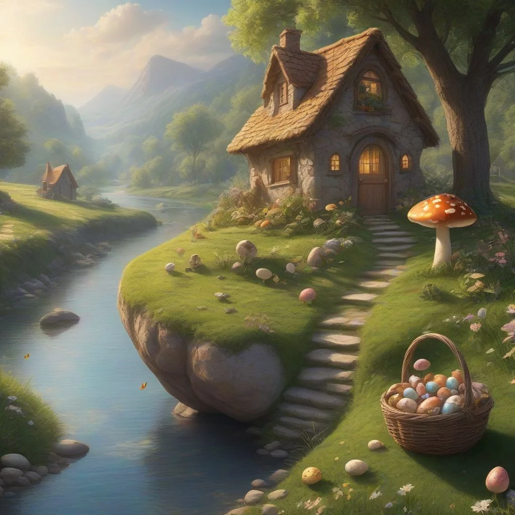 Distant-View of Easter Egg Home, Fairies Family collecting eggs in the egg basket, butterflies, nature, mushrooms, birds flying around, morning light, outdoors, stones, flower, tiny river, window, grass, door, beautiful arts, ((masterpiece, best quality)), high resolution, 32k picture, professional render, trending on artstation,
